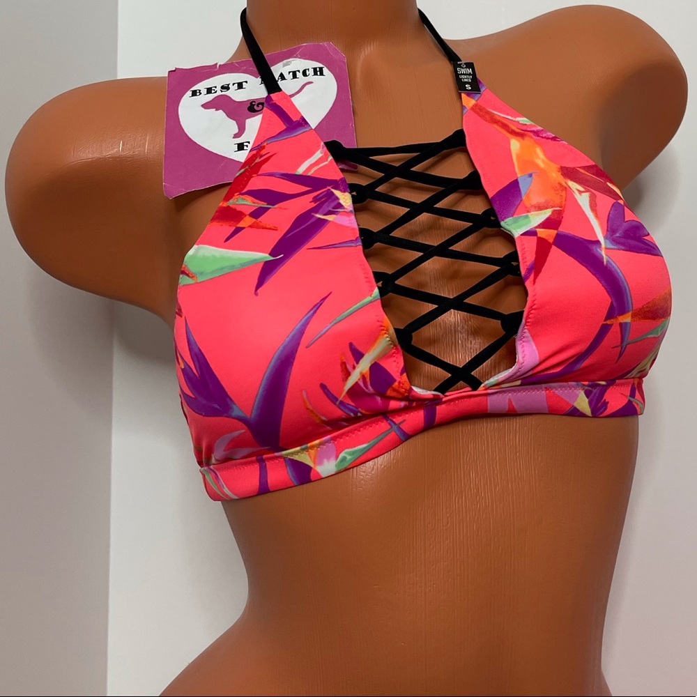 Victoria’s Secret PINK S Logo Bathing Suit Top Strappy Caged Cut Out Tropical